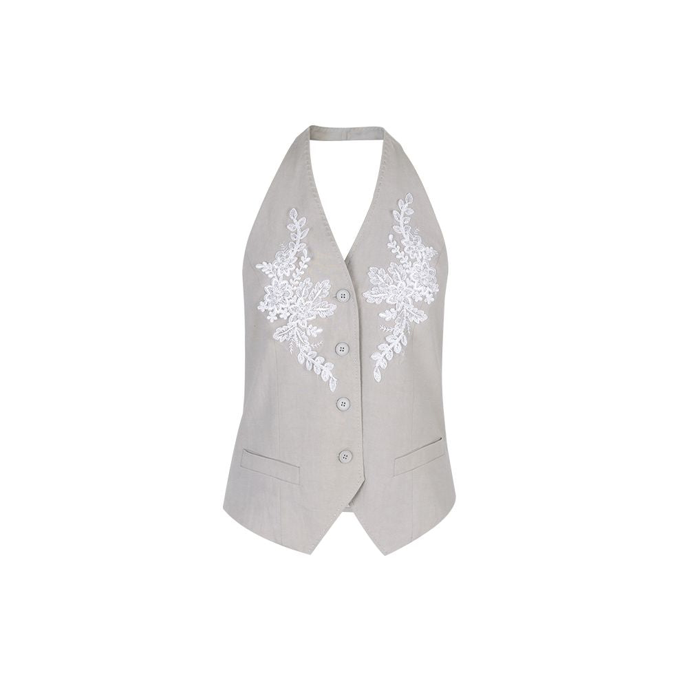 MioraStudio French Linen V neck Embroidered Lace Top Old Money H shaped Suit Vest Set Women s Summer image 7