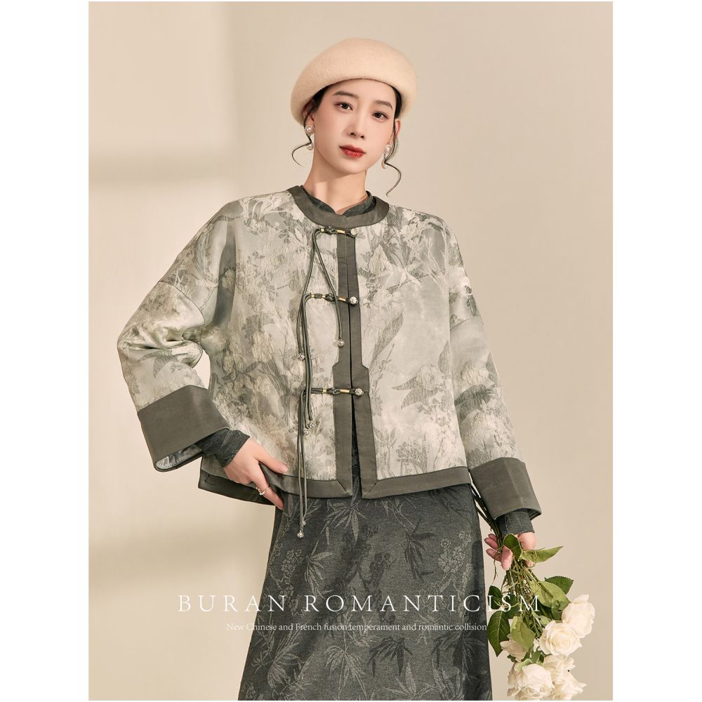 2025 Spring New Chinese style outerwear short style contrasting color jacquard retro silhouette loose and luxurious feeling lazy style women s clothing image 2