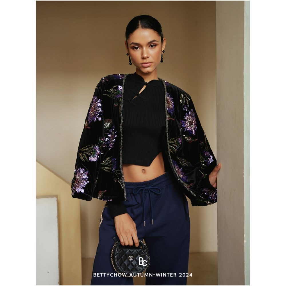 Bettychow New Chinese Style Purple Embroidered Beads Black Velvet New Year Cotton Clothes Fashionable New Year Coat image 2