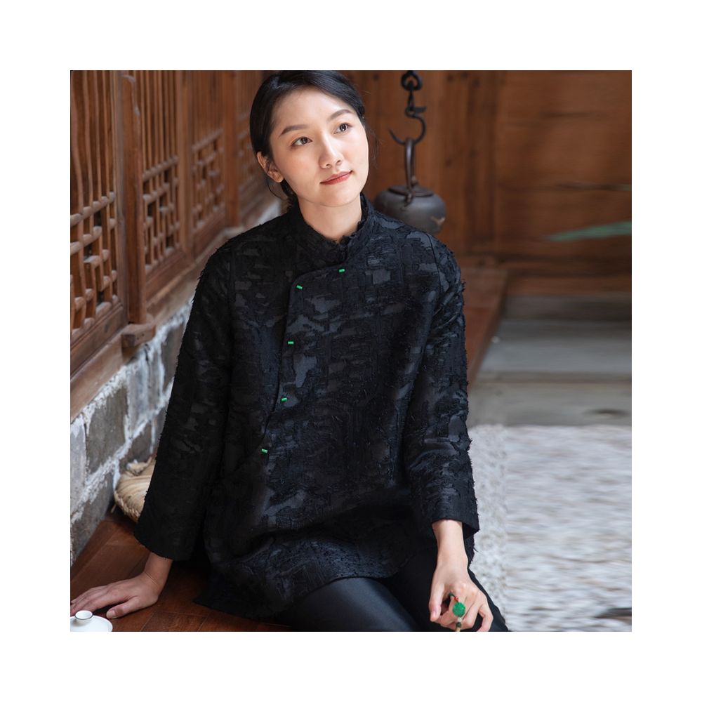 Phietang New Chinese style lace stand up collar retro jacquard A line version slimming slant collar jacket Tang style top for women image 2