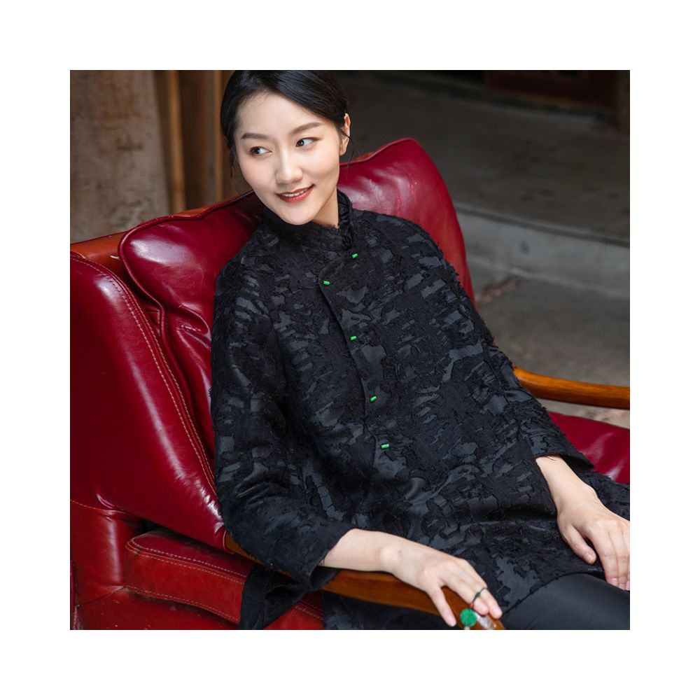 Phietang New Chinese style lace stand up collar retro jacquard A line version slimming slant collar jacket Tang style top for women image 11