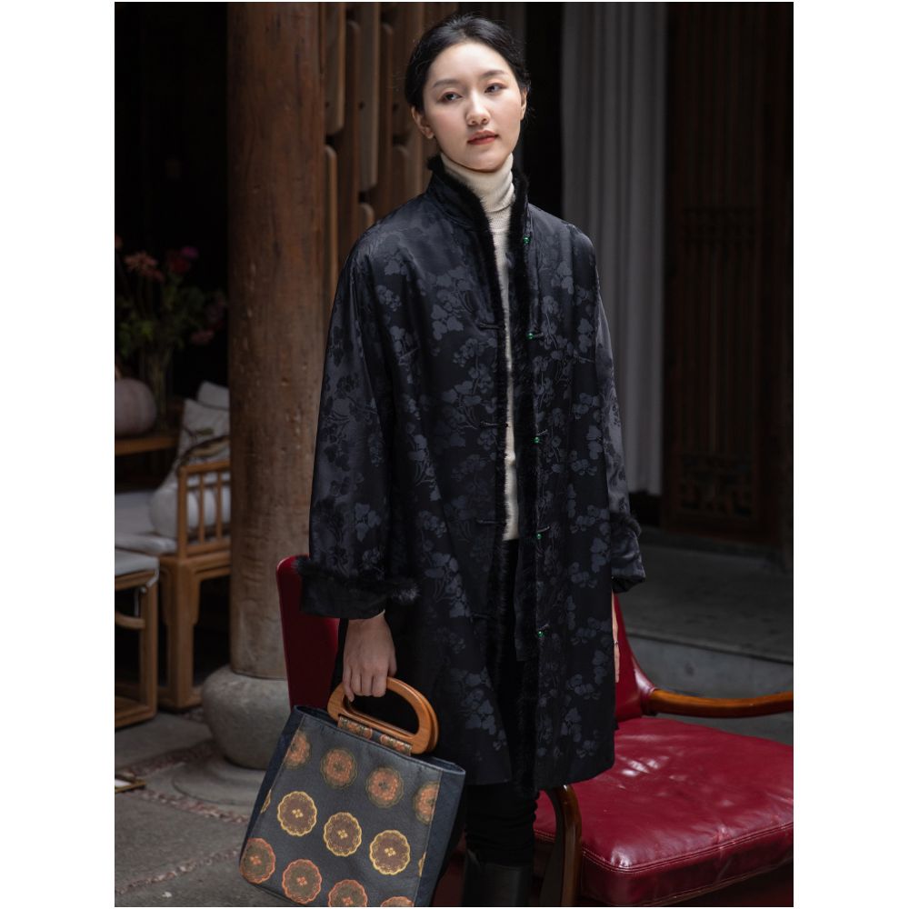 Silk jacquard Chinese style open collar mink fur medium long style retro loose winter cotton coat Tang style women s coat image 0