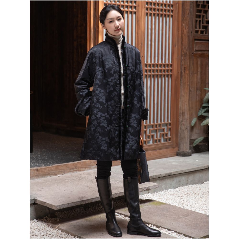 Silk jacquard Chinese style open collar mink fur medium long style retro loose winter cotton coat Tang style women s coat image 2