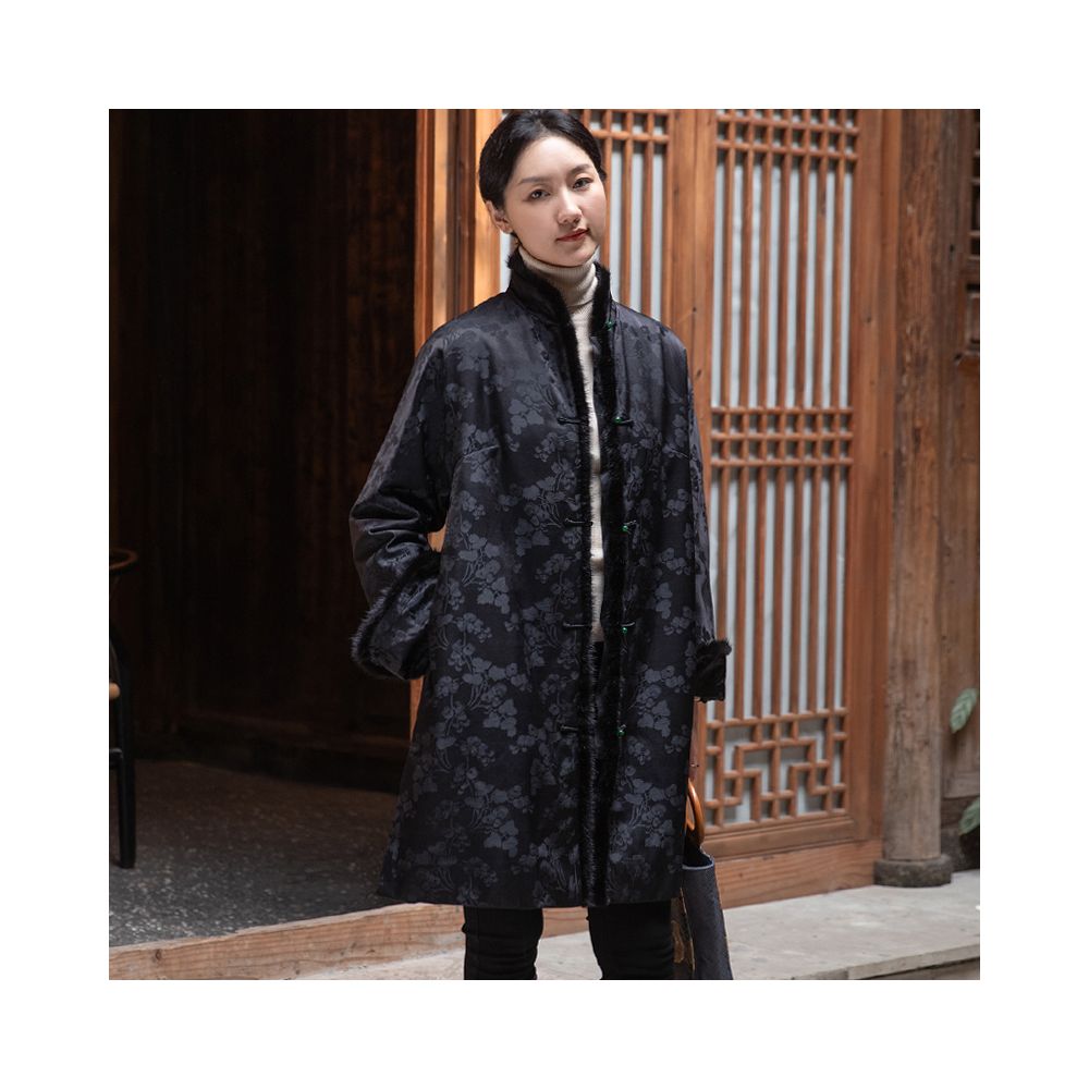 Silk jacquard Chinese style open collar mink fur medium long style retro loose winter cotton coat Tang style women s coat image 6