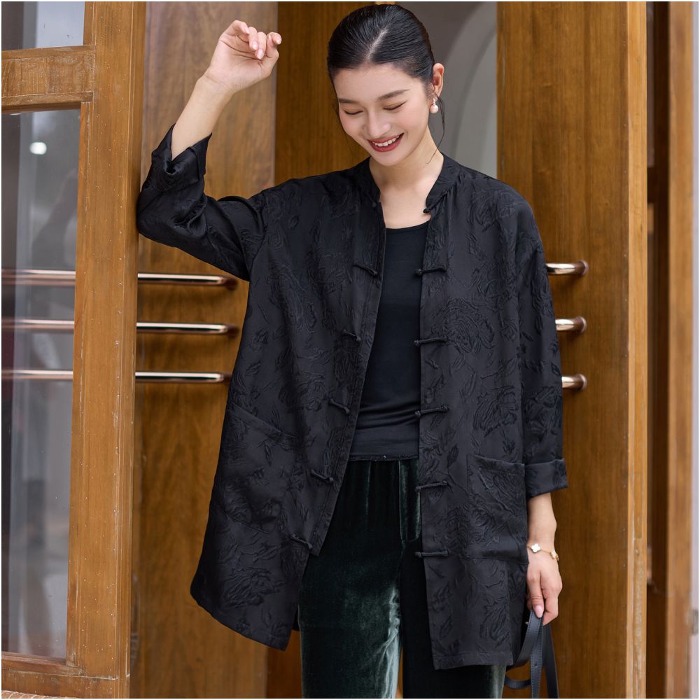 Phietang silk wool jacquard Chinese style open collar mid length Chinese retro loose single garment Tang style women s autumn top image 3