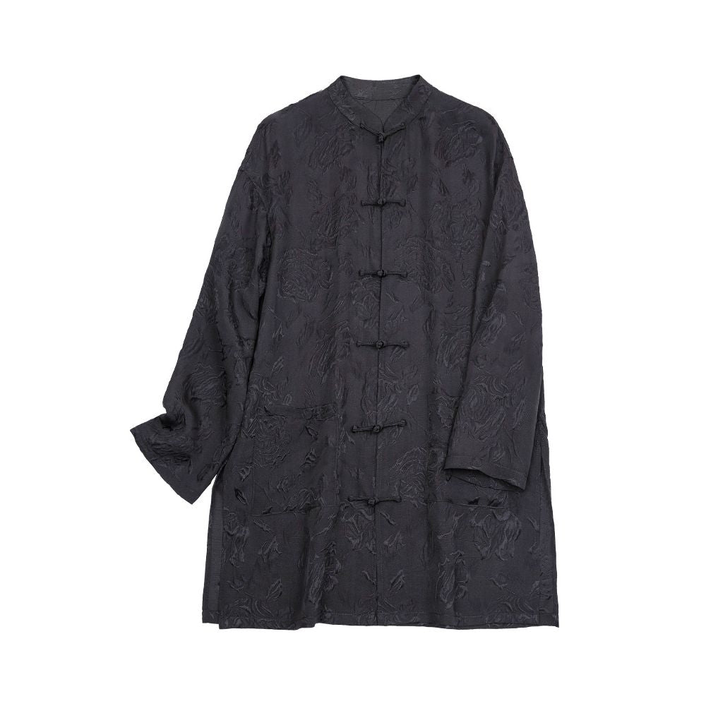 Phietang silk wool jacquard Chinese style open collar mid length Chinese retro loose single garment Tang style women s autumn top image 5