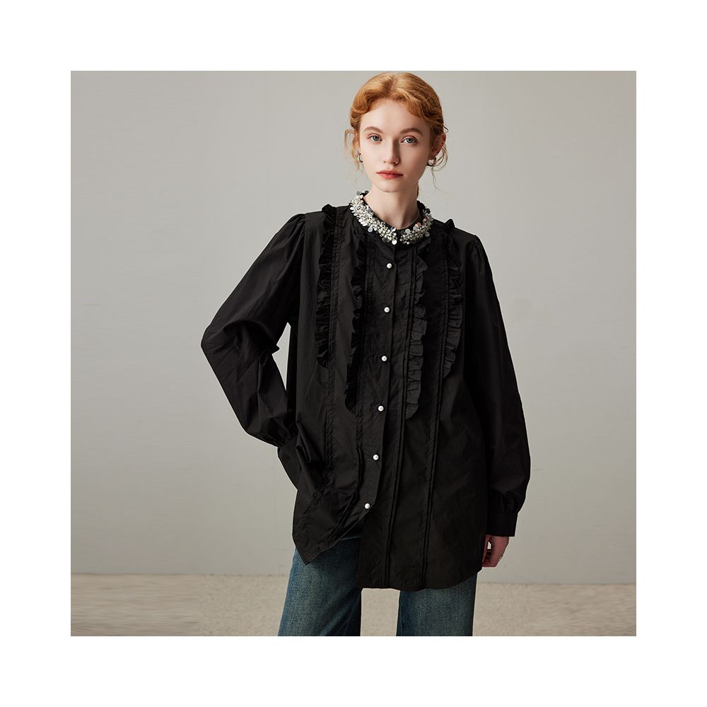 DFVC black pure cotton long sleeved shirt for women autumn 2025 new item nail bead fungus edge loose and slimming shirt thin image 2