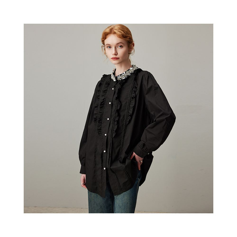 DFVC black pure cotton long sleeved shirt for women autumn 2025 new item nail bead fungus edge loose and slimming shirt thin image 4