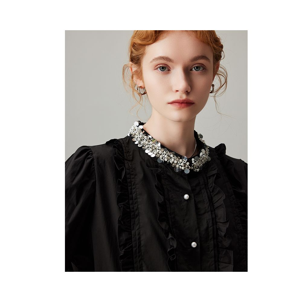 DFVC black pure cotton long sleeved shirt for women autumn 2025 new item nail bead fungus edge loose and slimming shirt thin image 5