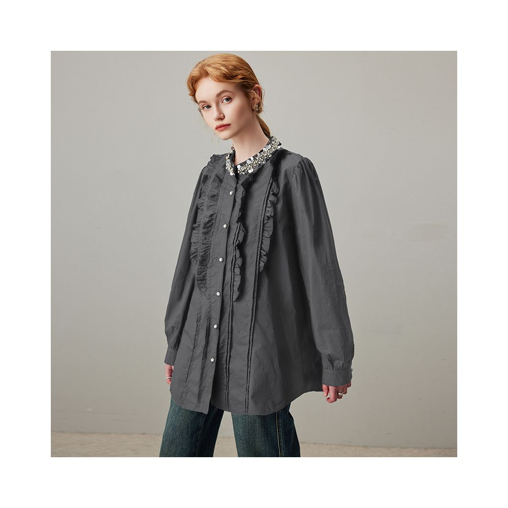 DFVC black pure cotton long sleeved shirt for women autumn 2025 new item nail bead fungus edge loose and slimming shirt thin image 6