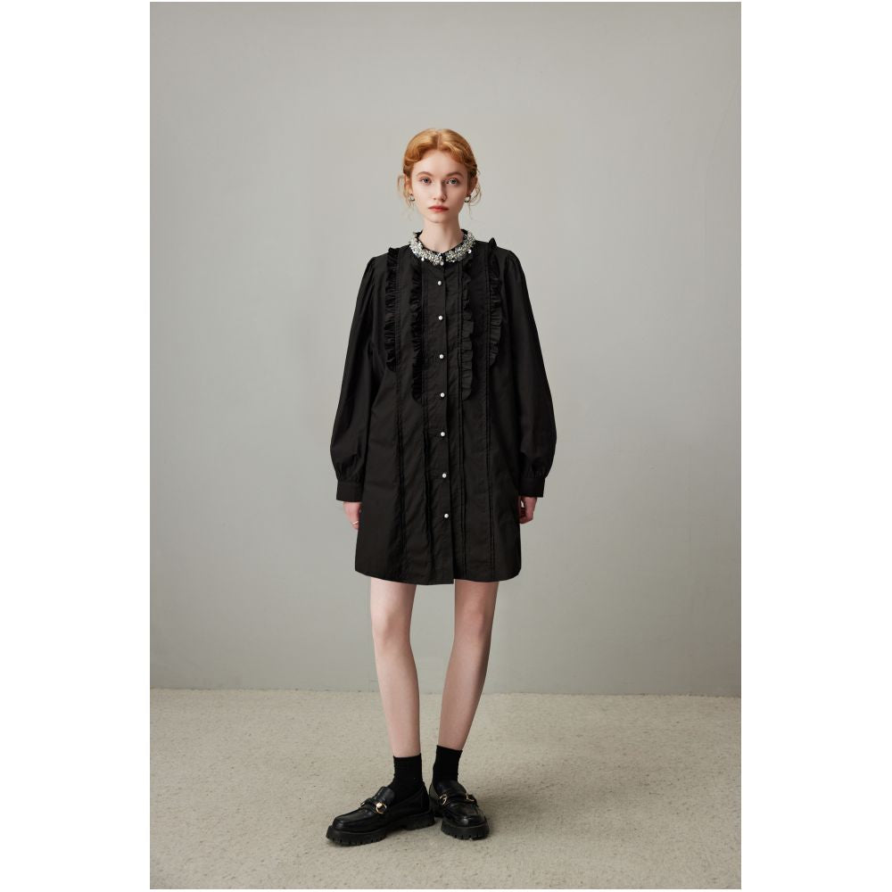 DFVC black pure cotton long sleeved shirt for women autumn 2025 new item nail bead fungus edge loose and slimming shirt thin image 8