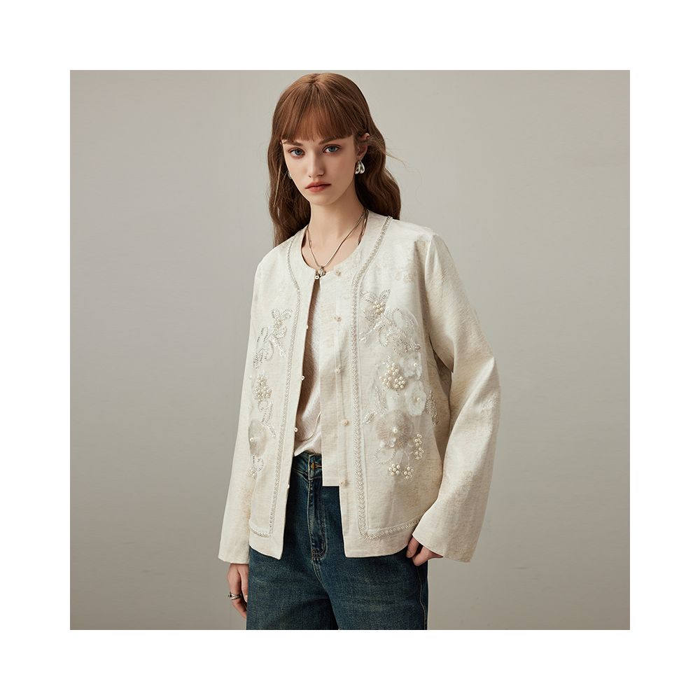 DFVC linen new Chinese style short jacket for women autumn 2025 new heavy industry nail bead loose top image 3