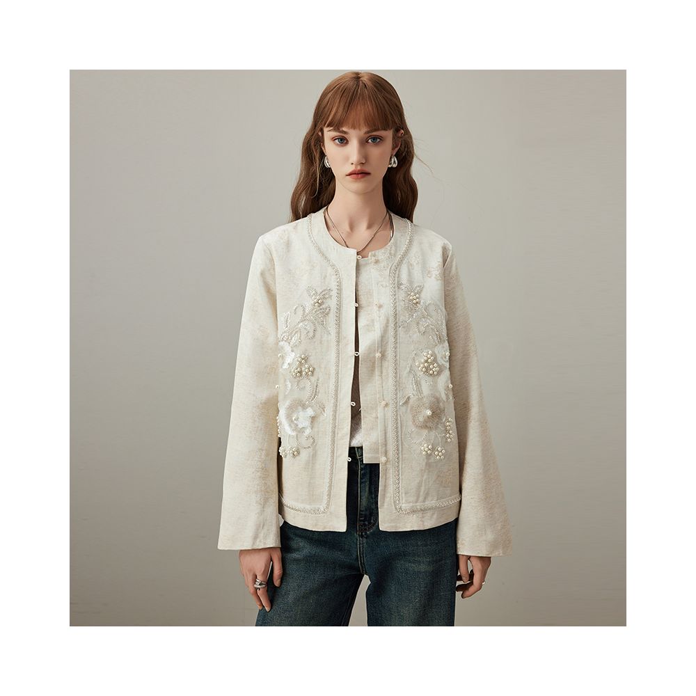 DFVC linen new Chinese style short jacket for women autumn 2025 new heavy industry nail bead loose top image 4