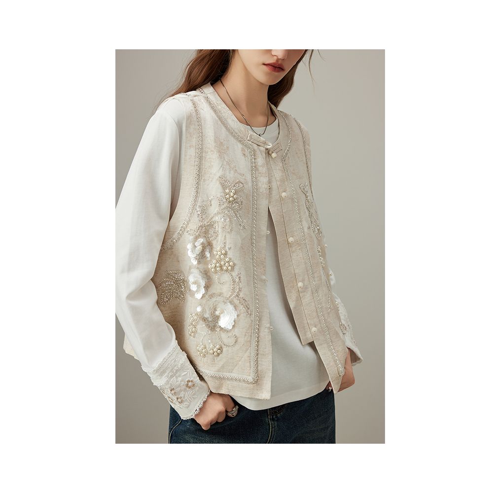 DFVC linen new Chinese style short jacket for women autumn 2025 new heavy industry nail bead loose top image 7