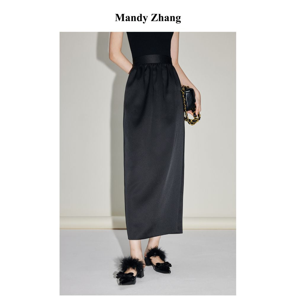 Mandy Zhang black satin pleated design flower bud straight tube skirt for women reducing age and slimming temperament skirt autumn image 0