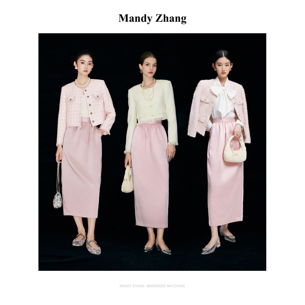 Mandy Zhang black satin pleated design flower bud straight tube skirt for women reducing age and slimming temperament skirt autumn image 2