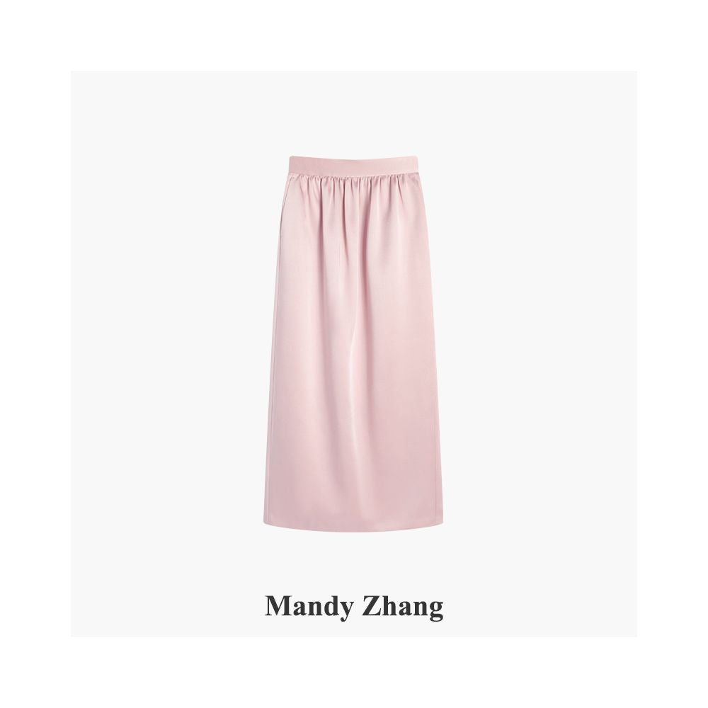 Mandy Zhang black satin pleated design flower bud straight tube skirt for women reducing age and slimming temperament skirt autumn image 12