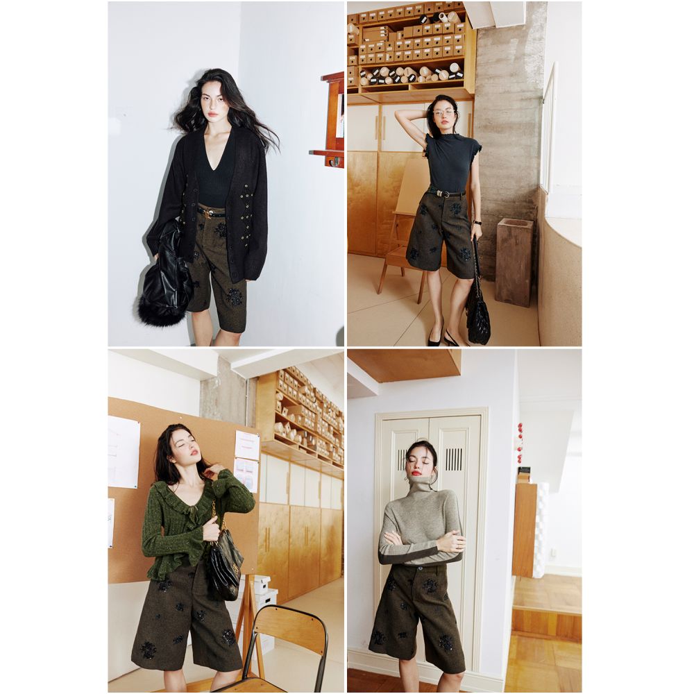 Rosebanks today is a fashionable ambitious brand that combines strength and softness positioned as pearl tube embroidered Bermuda five quarter pants image 6