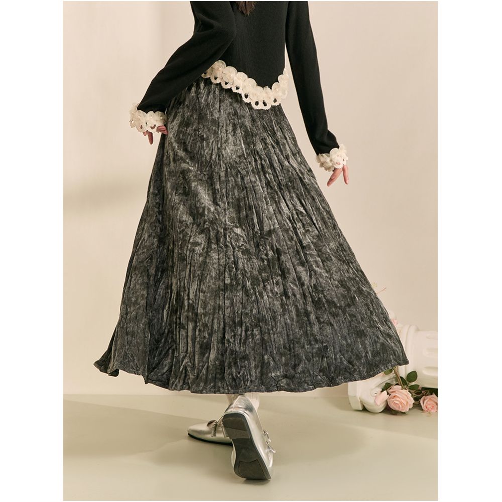 2025 Spring Grey Midi Skirt New Chinese Style Retro Splashed Ink Design Unique Elastic Waist Elegant Full Skirt image 3