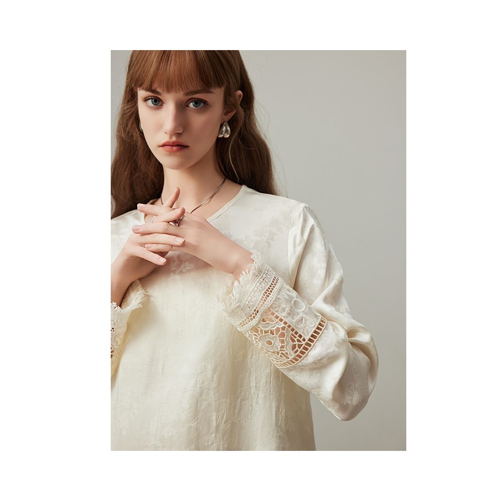 dfvc light Chinese style jacquard long sleeved shirt for women new autumn 2025 style hollowed out thin round neck inner layer base shirt image 5