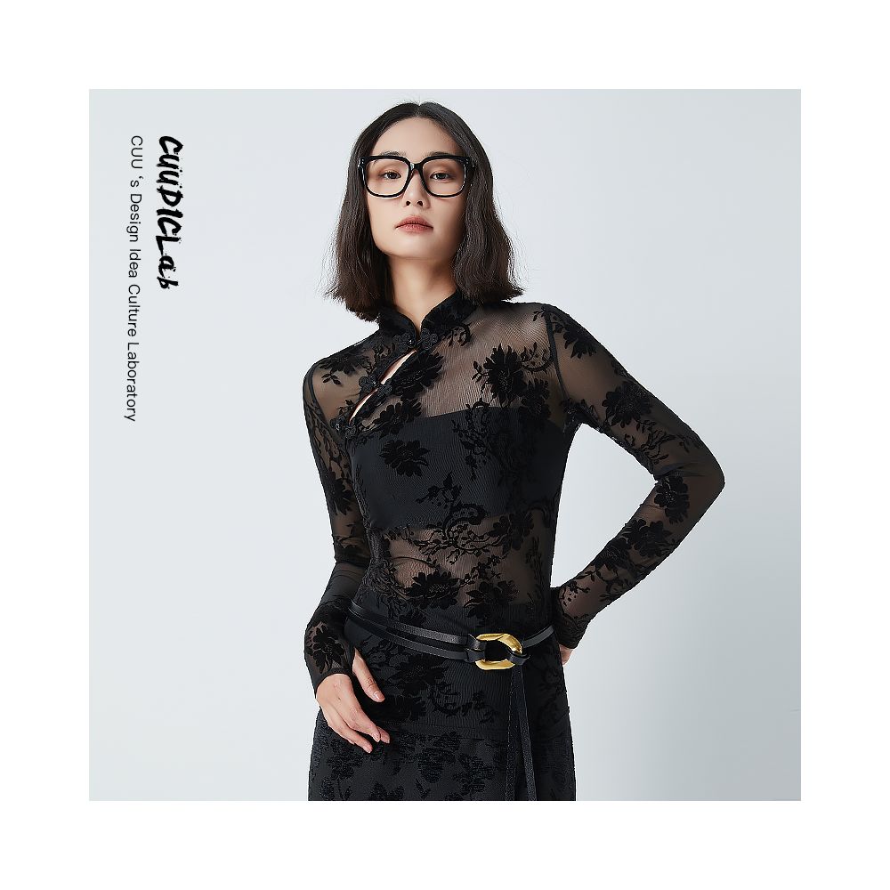 In Stock CUUDICLAB New Chinese Style Improved Cheongsam Top with Tie Dye High Quality Flocked Lace Blouse image 4