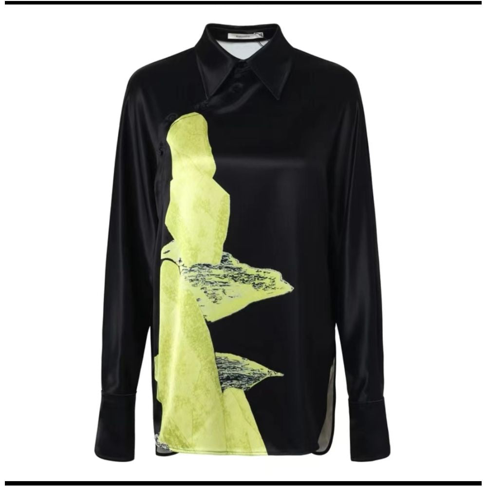 Same style Zhujia 2025 summer soft and smooth lightweight mulberry silk top with contrasting printed black silk shirt in the mall image 11