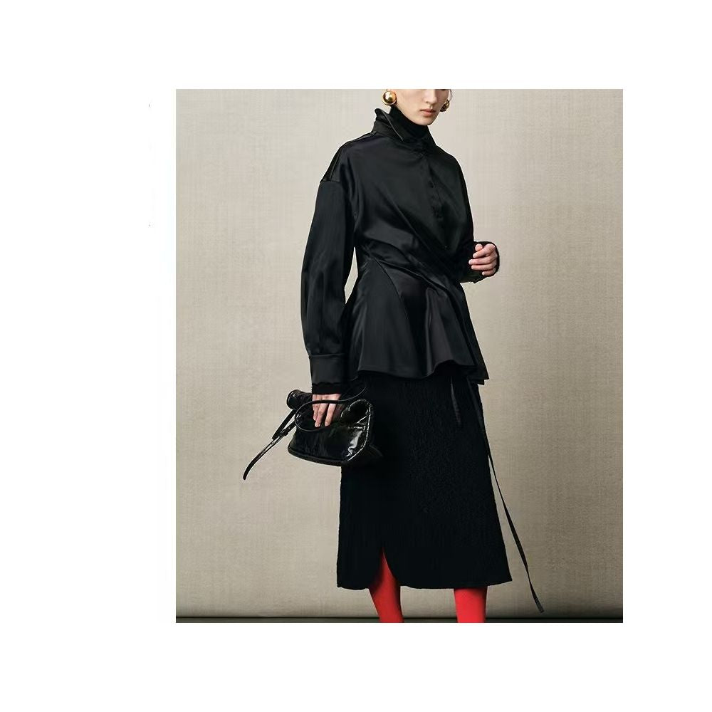 Same style as in shopping malls Zhu Jia 2025 Winter New Style Chinese Soft Irregular Pleated Black Collared Shirt image 3