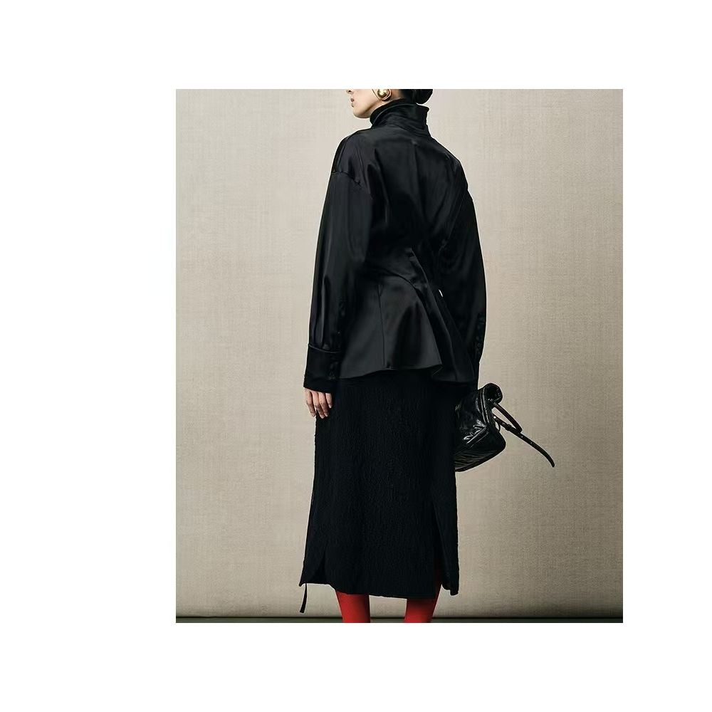 Same style as in shopping malls Zhu Jia 2025 Winter New Style Chinese Soft Irregular Pleated Black Collared Shirt image 4