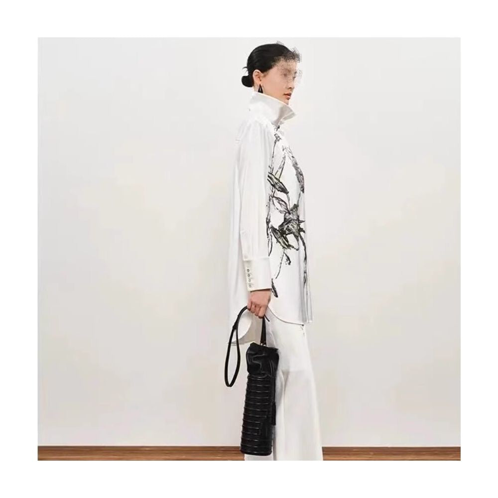 Same style as in shopping malls Zhu Jia 2025 Winter Black Satin Floral Pattern Loose Straight Satin Shirt Top image 2