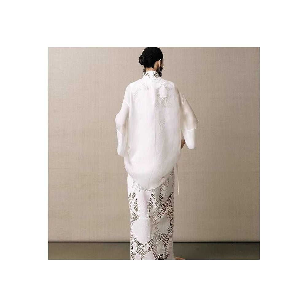Same style as in shopping malls Zhu Jia 2025 Summer New White Zen New Chinese Style Round Neck Pleated Loose Silk Shirt Top image 4