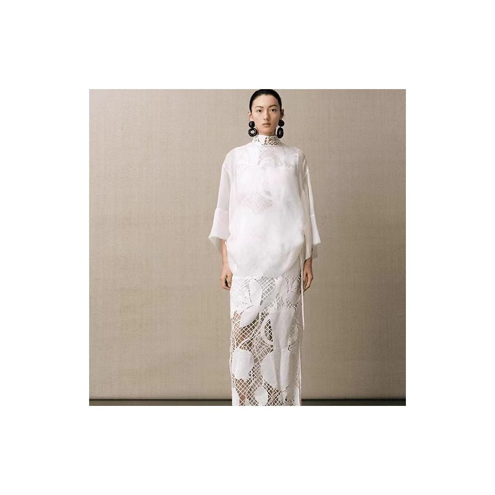Same style as in shopping malls Zhu Jia 2025 Summer New White Zen New Chinese Style Round Neck Pleated Loose Silk Shirt Top image 0