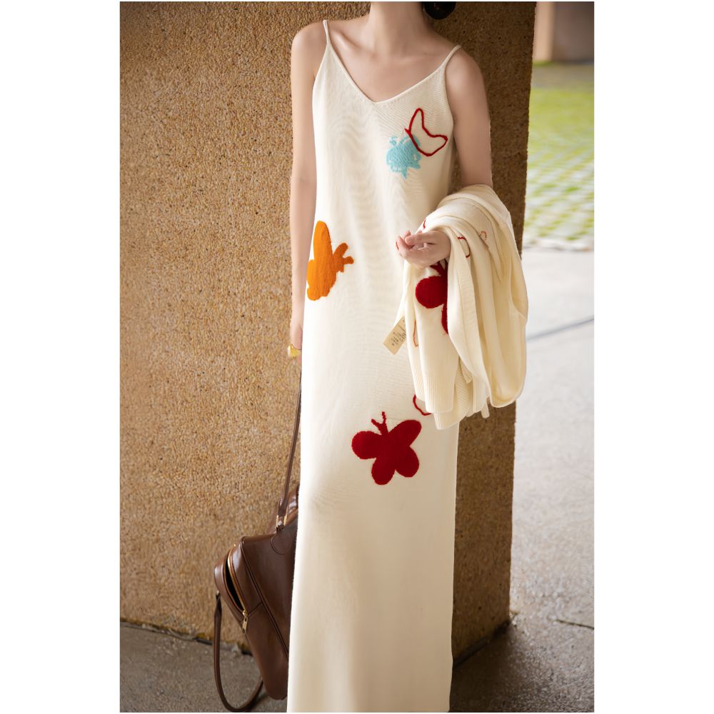 ZEROYK Relaxed Fashion Set High End 100 Wool Butterfly Knit Loose Cardigan and Slip Dress Two Piece Set image 2