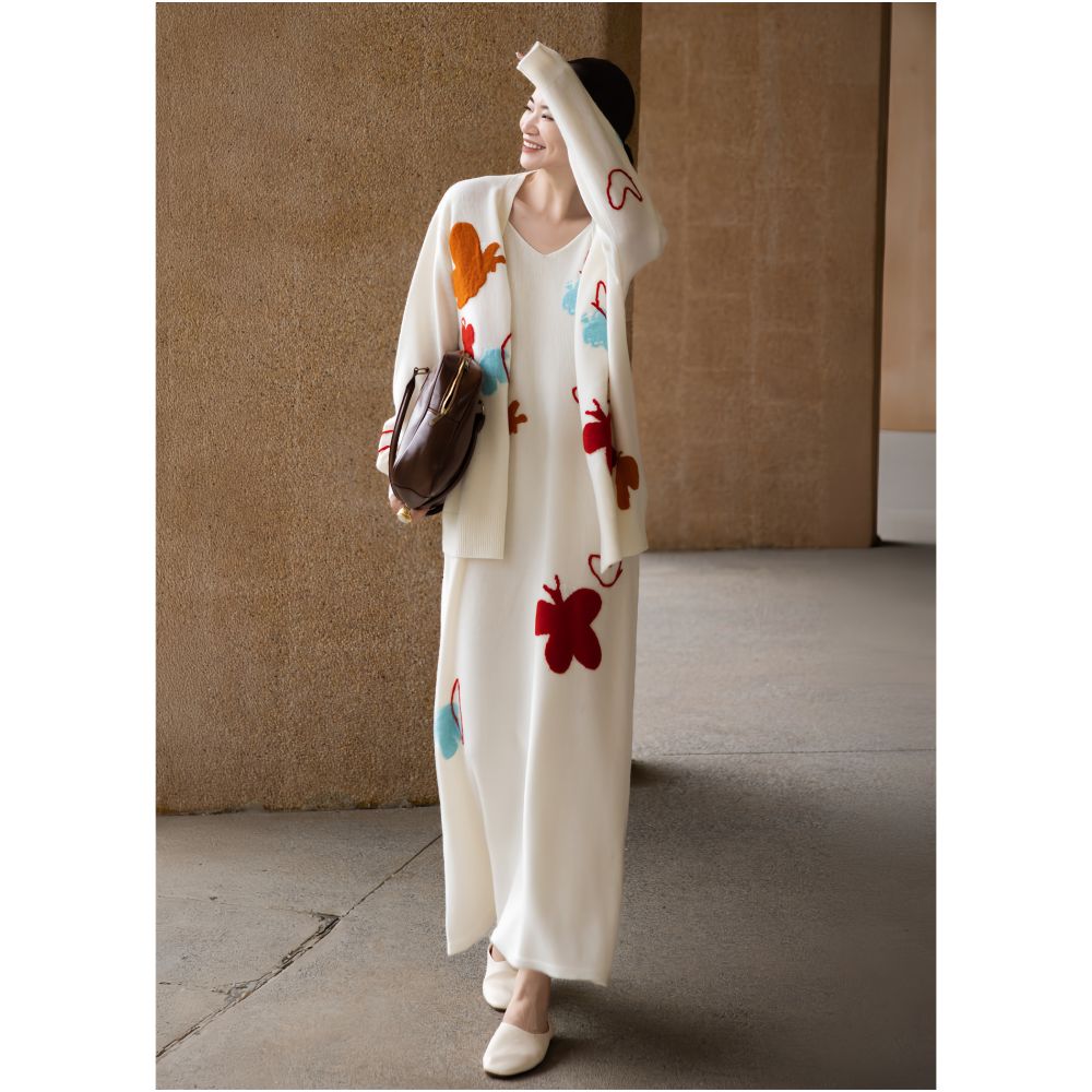 ZEROYK Relaxed Fashion Set High End 100 Wool Butterfly Knit Loose Cardigan and Slip Dress Two Piece Set image 4