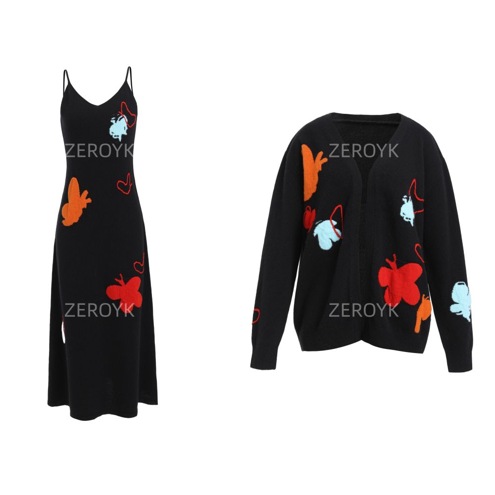 ZEROYK Relaxed Fashion Set High End 100 Wool Butterfly Knit Loose Cardigan and Slip Dress Two Piece Set image 5