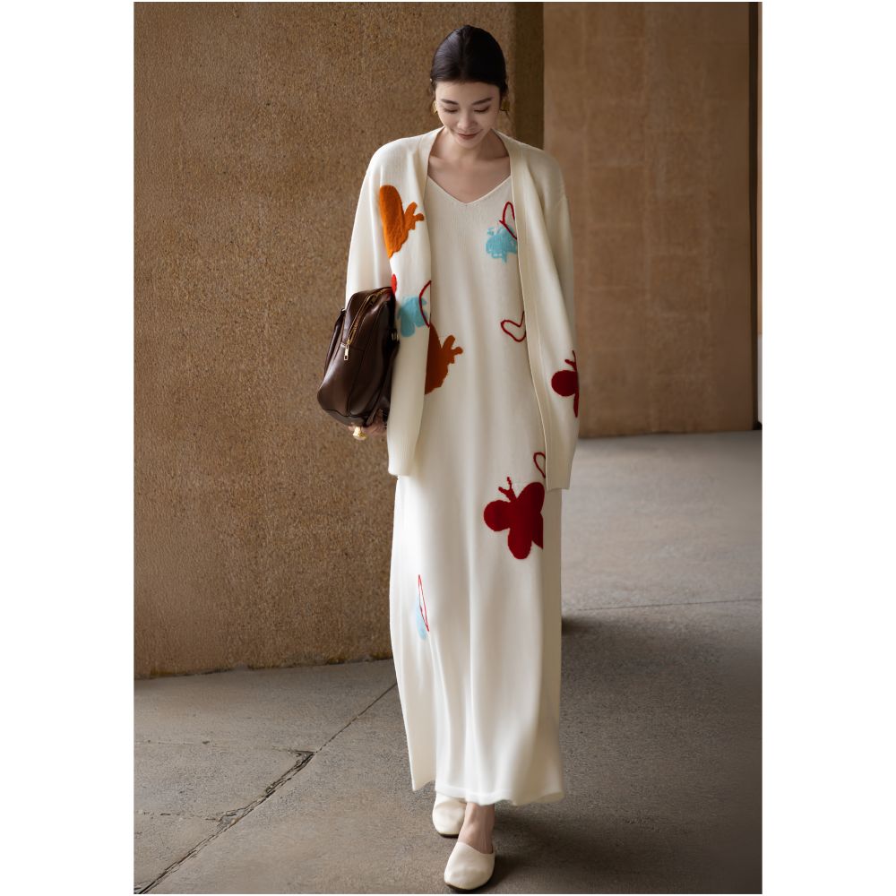 ZEROYK Relaxed Fashion Set High End 100 Wool Butterfly Knit Loose Cardigan and Slip Dress Two Piece Set image 7