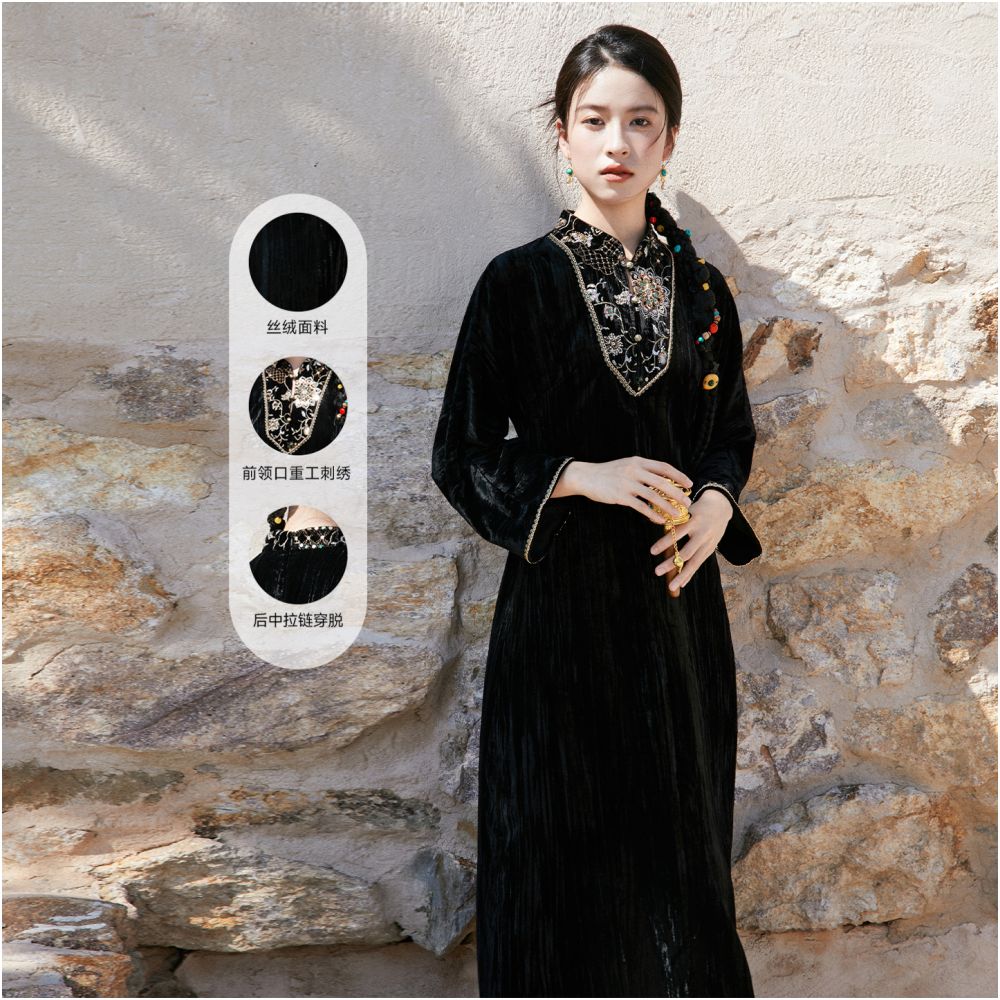 Anytime Light Glow Heavy Embroidery New Chinese Style Stand Collar Velvet Dress for Women image 1