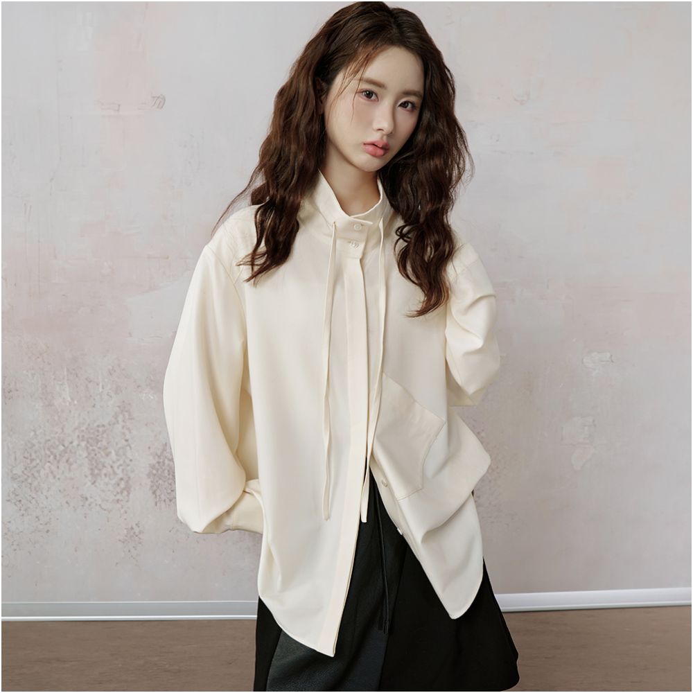 JfYanYan almond light milk beige shirt women s top for autumn and winter layering loose and thick bottom shirt image 1
