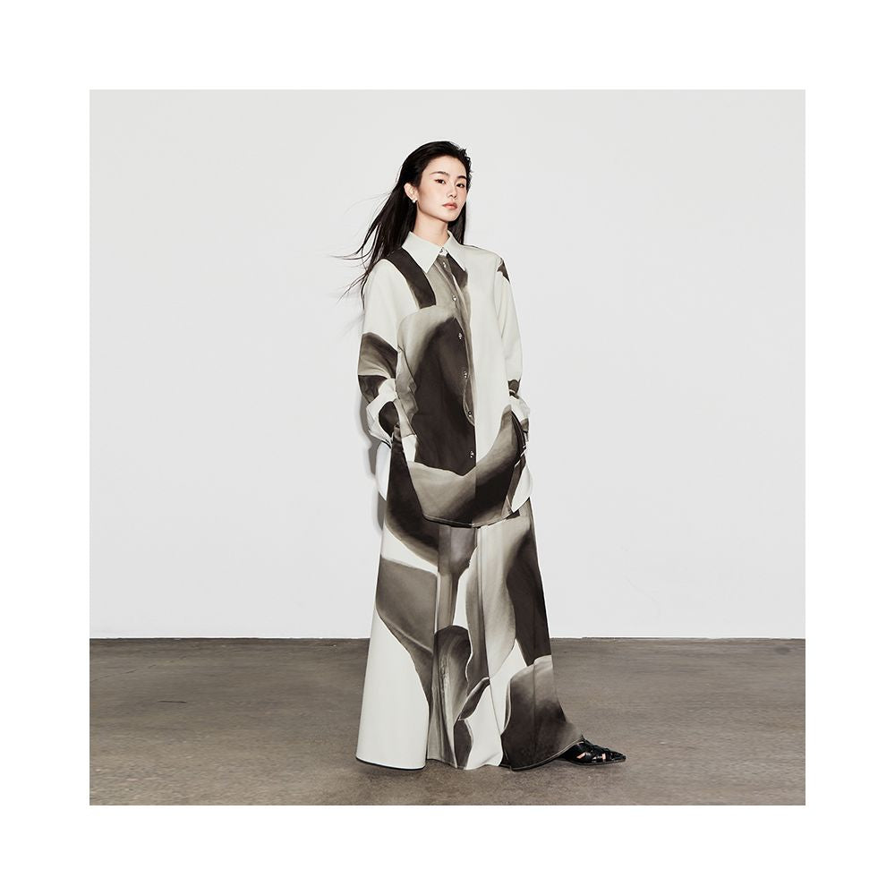 The Middle Ink Printed Shirt Half Skirt Set Medium Long Women s Summer Loose Two Piece Set with Ruffle Edges image 2