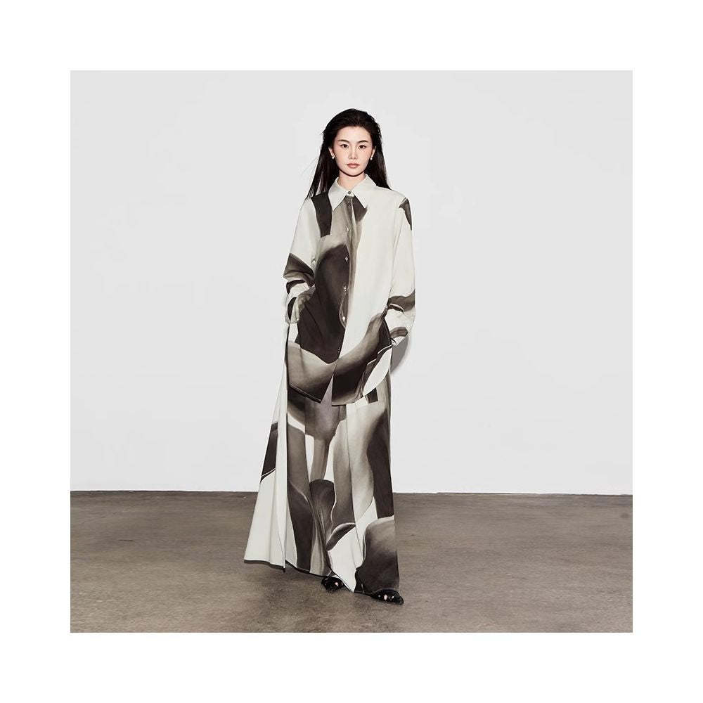 The Middle Ink Printed Shirt Half Skirt Set Medium Long Women s Summer Loose Two Piece Set with Ruffle Edges image 4