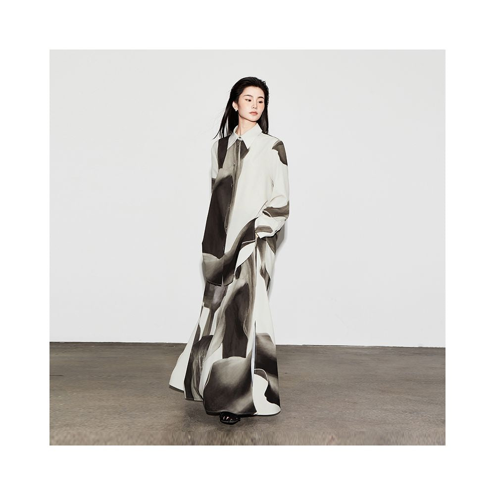 The Middle Ink Printed Shirt Half Skirt Set Medium Long Women s Summer Loose Two Piece Set with Ruffle Edges image 0