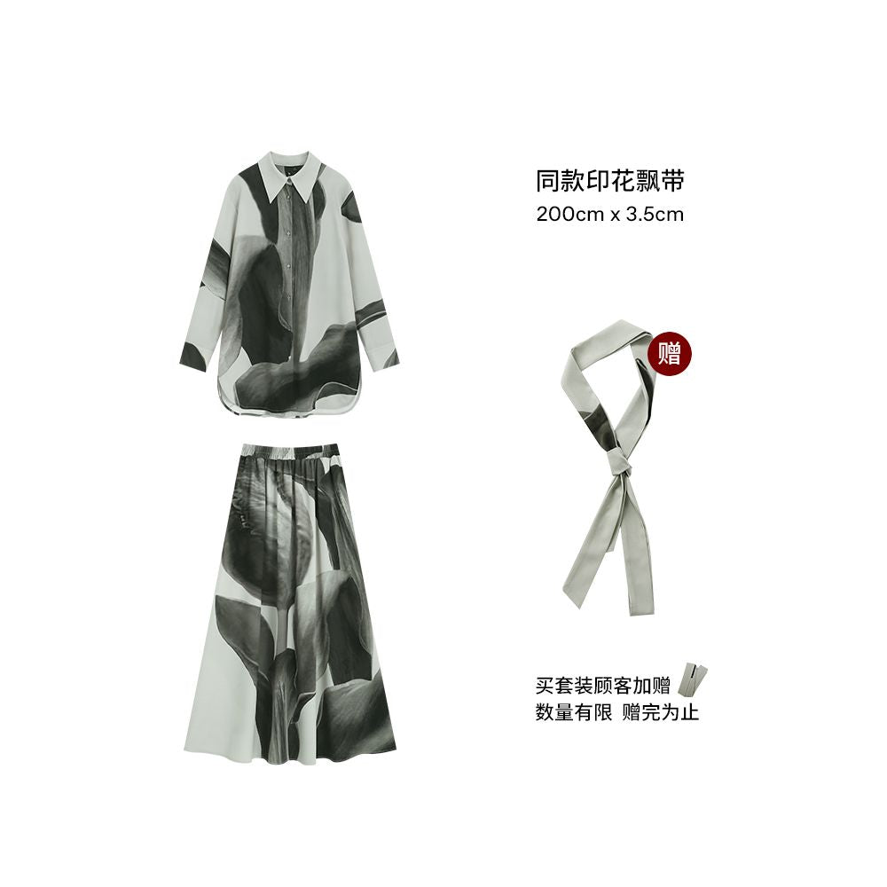 The Middle Ink Printed Shirt Half Skirt Set Medium Long Women s Summer Loose Two Piece Set with Ruffle Edges image 11