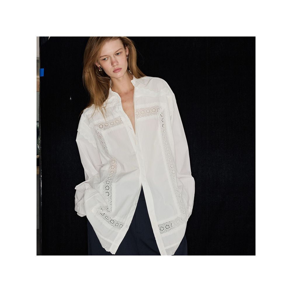 Polaroid Romantic Photos 24SS Madeira Openwork Embroidered Lace Trim Loose Cotton White Shirt for Men and Women image 2