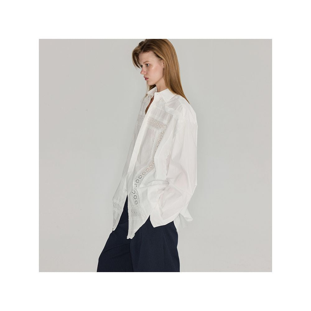 Polaroid Romantic Photos 24SS Madeira Openwork Embroidered Lace Trim Loose Cotton White Shirt for Men and Women image 4