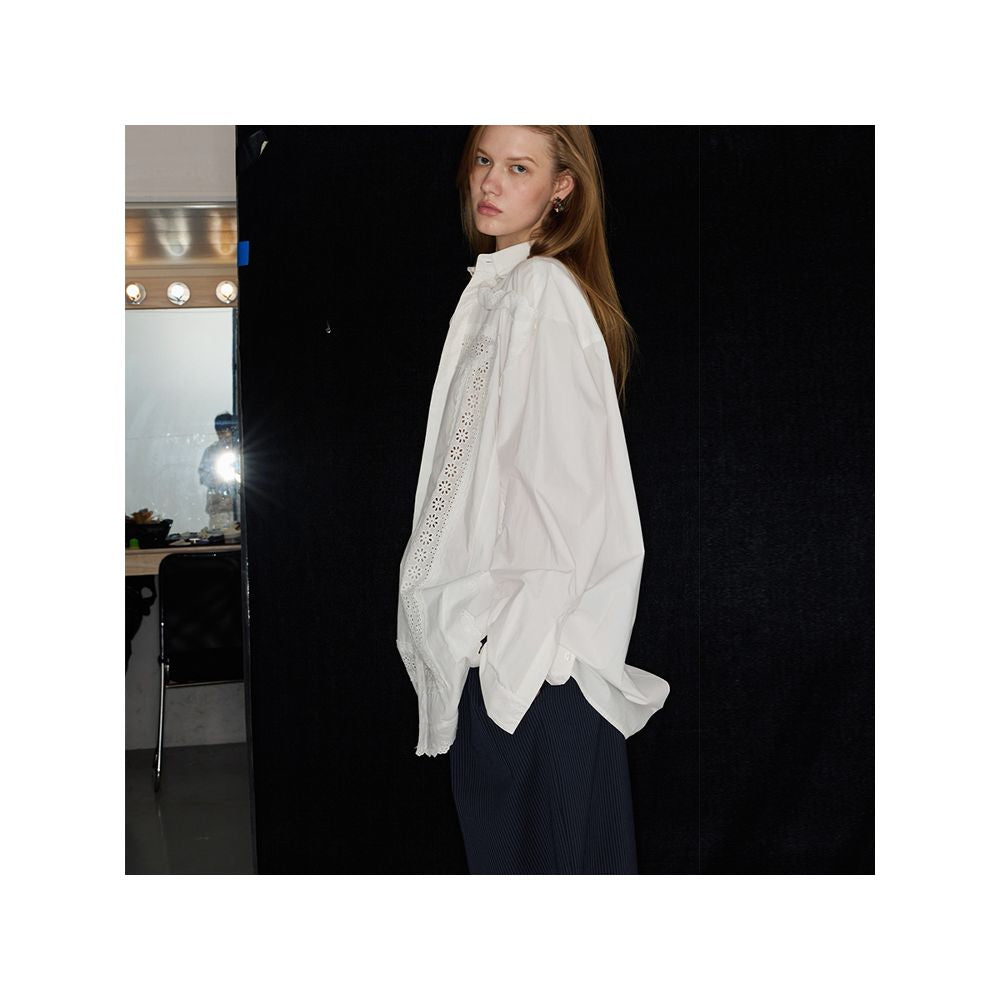 Polaroid Romantic Photos 24SS Madeira Openwork Embroidered Lace Trim Loose Cotton White Shirt for Men and Women image 5