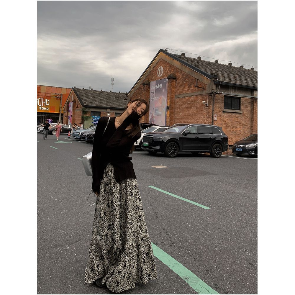 Luobian cotton multi wear method strapless commuting style high waist printed A line long skirt early autumn new style image 4
