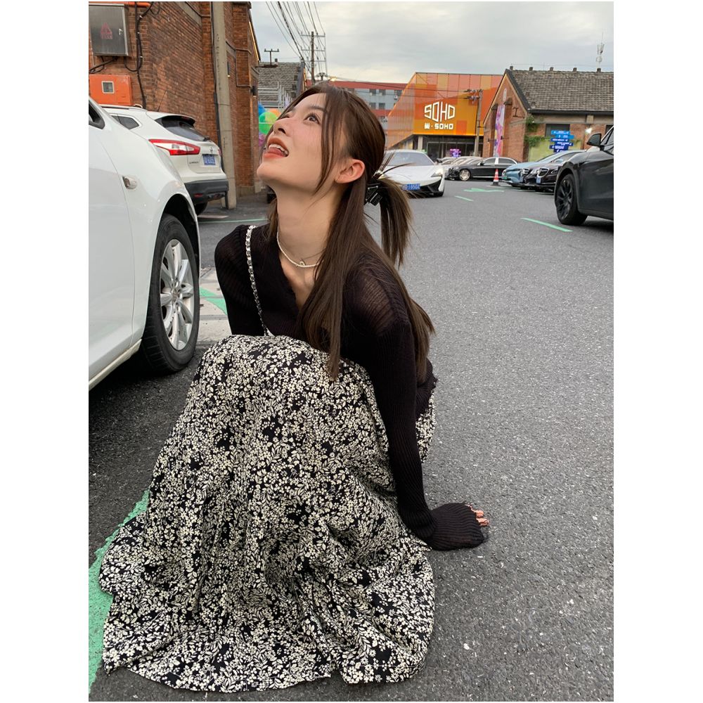 Luobian cotton multi wear method strapless commuting style high waist printed A line long skirt early autumn new style image 5