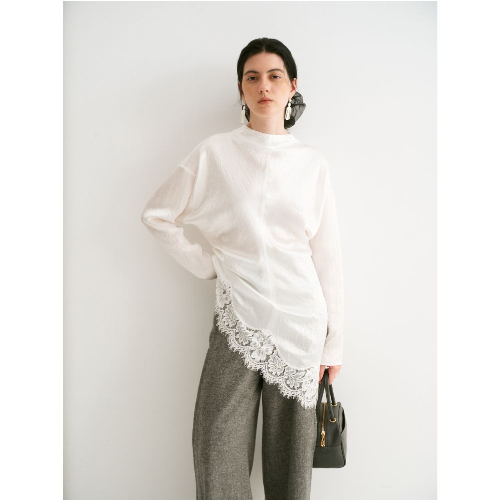 TOP Brand Pearl Glow French Retro Style Long Sleeved Top with Diagonal Pleats Acetate Lace Trim and Asymmetrical Hem image 9