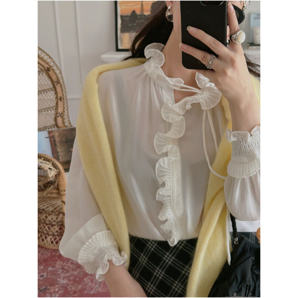 TOP Home Kan Qingzi Same Sweet and Soft French Retro Palace Mushroom Edge Long Sleeve Acetate Shirt for Women image 8