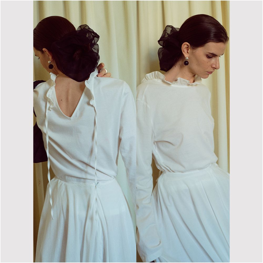 TOP Home Two Wear Multi Match French Retro Romantic Style Black Ear Lace Collar Pure White Horse Cotton Long Sleeve T shirt image 1