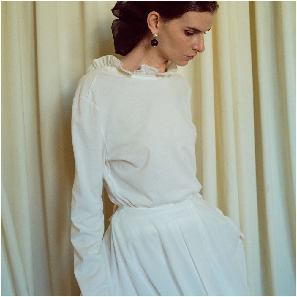 TOP Home Two Wear Multi Match French Retro Romantic Style Black Ear Lace Collar Pure White Horse Cotton Long Sleeve T shirt image 4